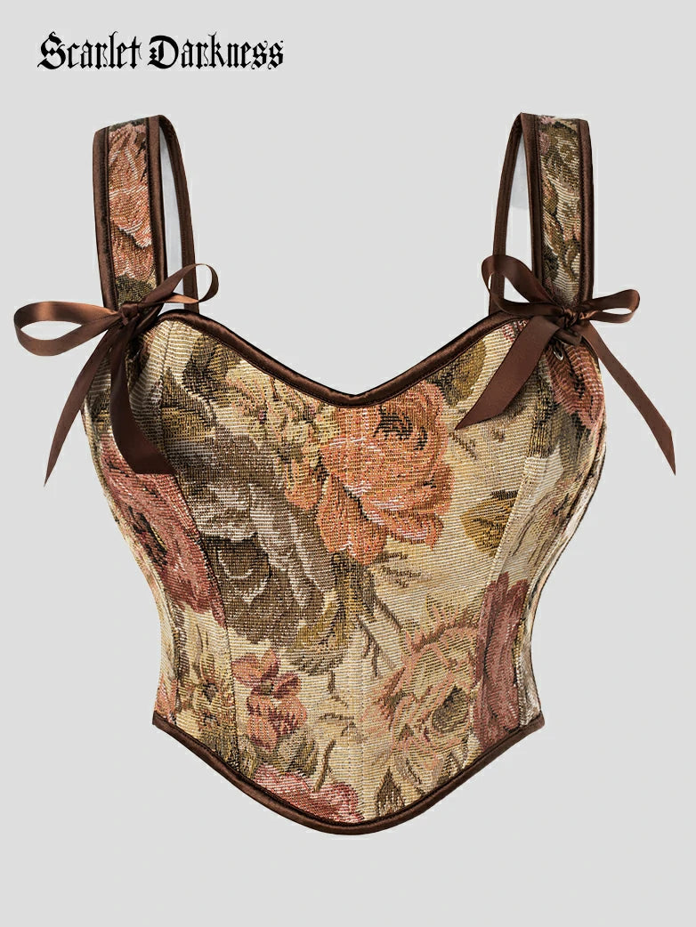 Scarlet Darkness Floral Boned Curved Hem Corset Body Shape Vest