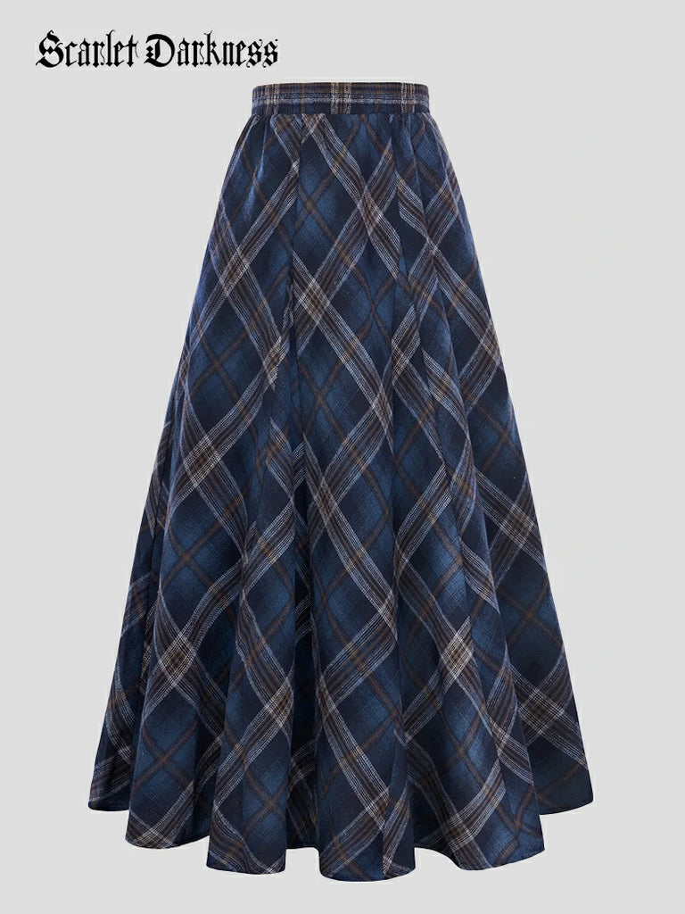 Scarlet Darkness 2025 Renaissance Cotton Plaid Swing Skirt with Pockets Navy blue