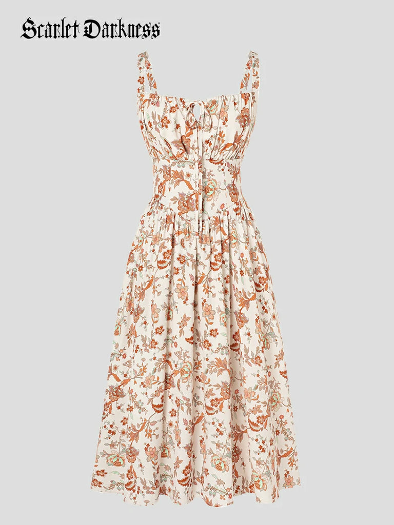 Scarlet Darkness Women Casual Milkmaid Sundress with Pockets Brown