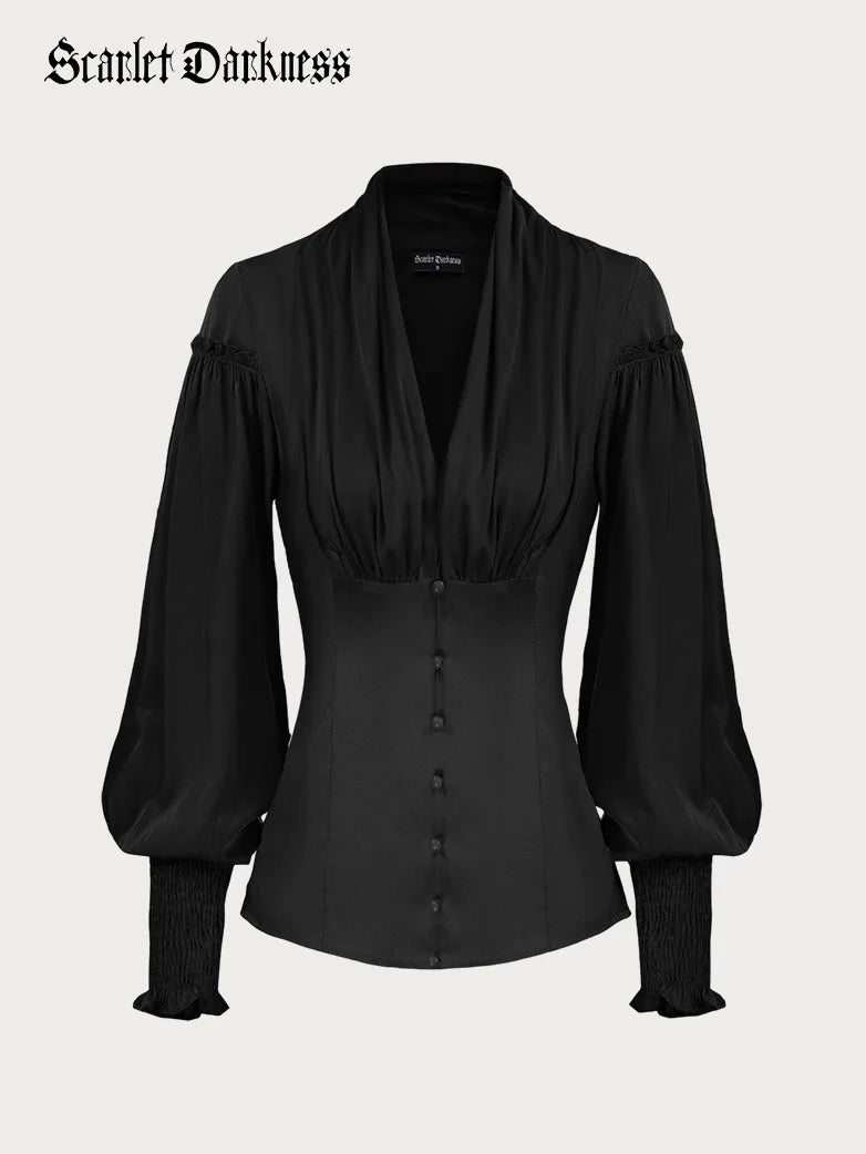 Victorian Ruched Lantern Sleeves Button-up Blouse