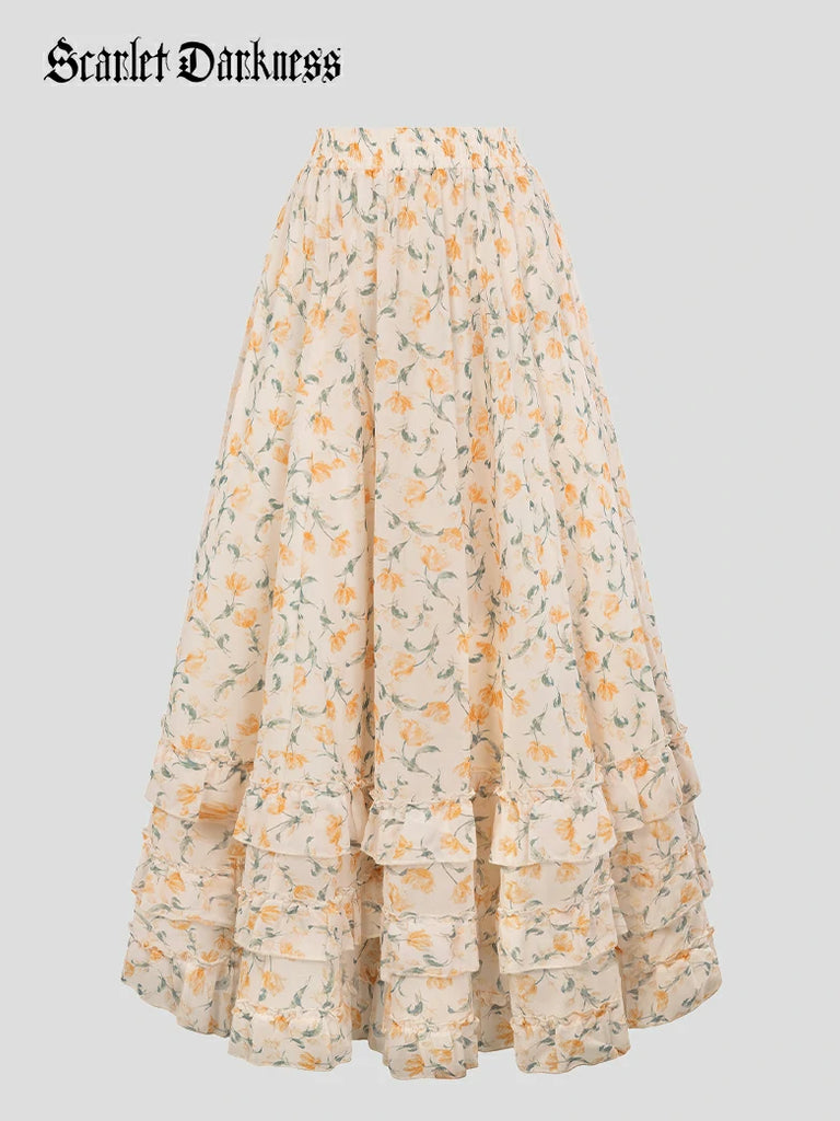 Scarlet Darkness Renaissance Chiffon Swing Maxi Skirt with Pockets Orange