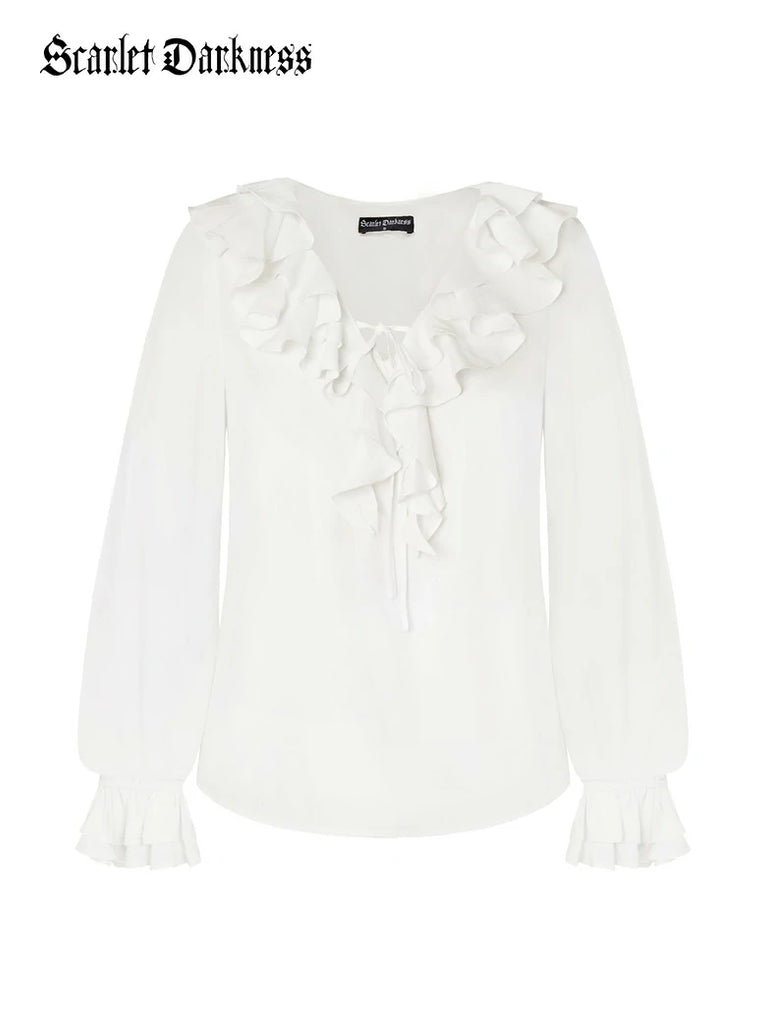 Scarlet Darkness Renaissance Ruffle Decorated Tops Pirate Shirts White