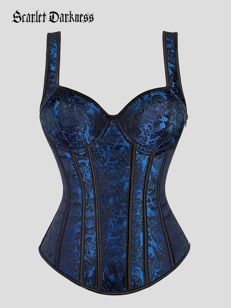 Scarlet Darkness Victorian Vintage Jacquard Wide Strap Witch Corset Blue