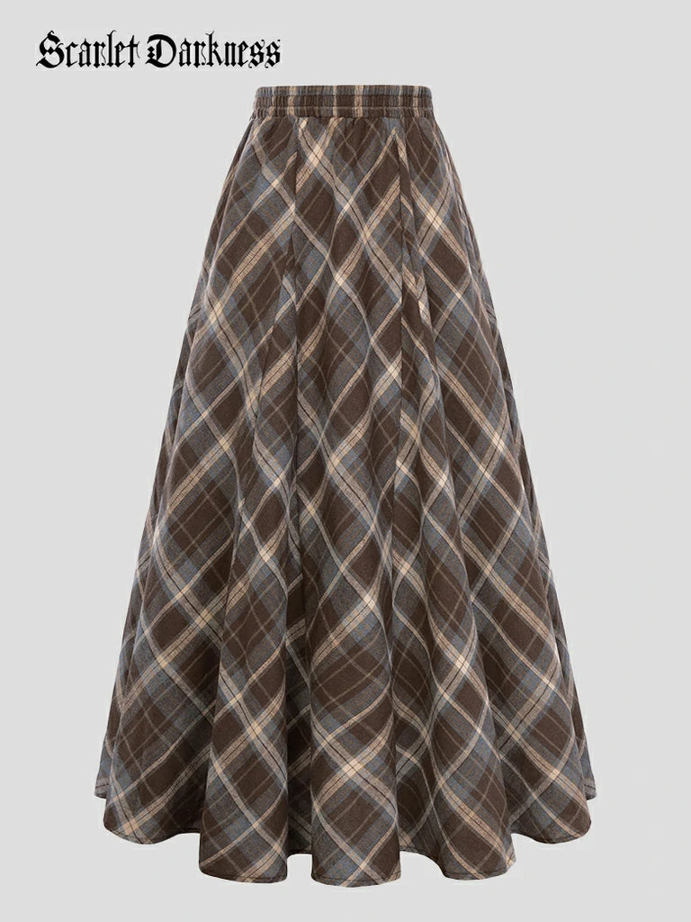 Scarlet Darkness 2025 Renaissance Cotton Plaid Swing Skirt with Pockets Dark brown
