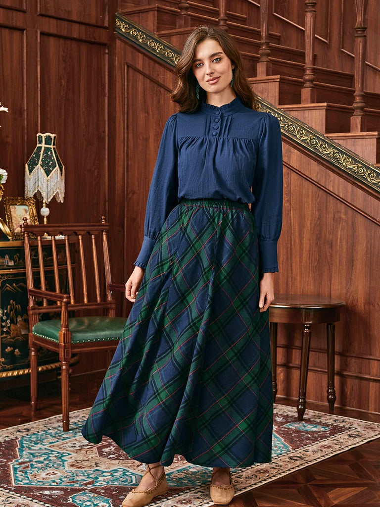 Scarlet Darkness 2025 Renaissance Cotton Plaid Swing Skirt with Pockets