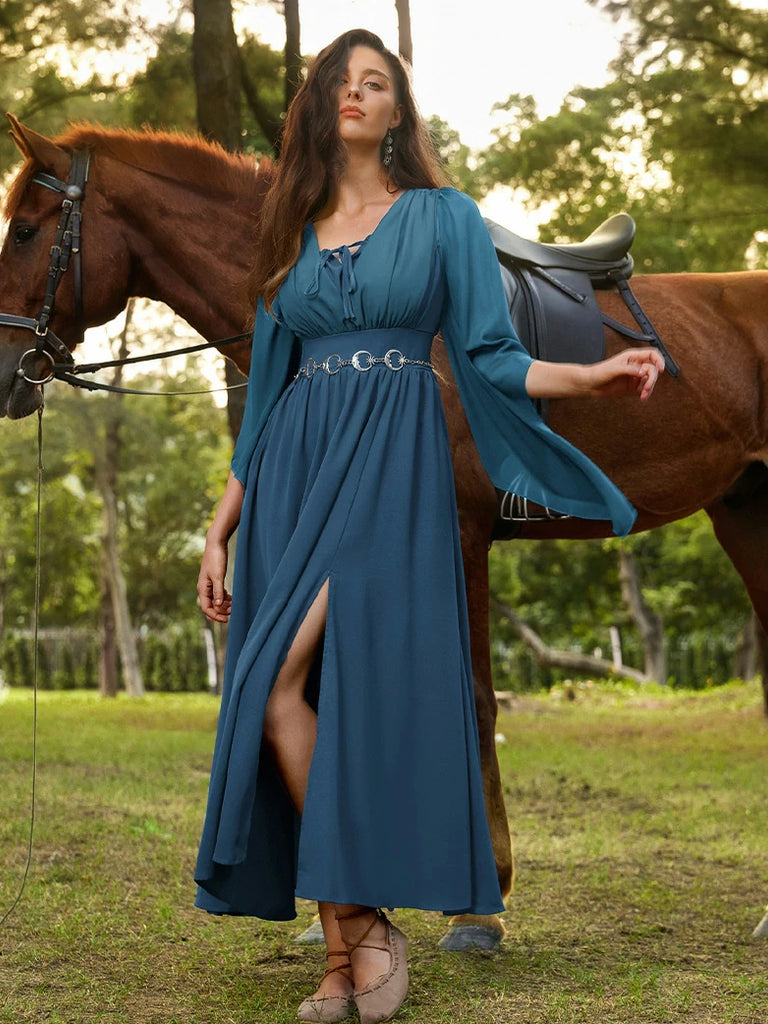 Scarlet Darkness Renaissance Whimsical Front Slit Maxi Pocket Dress