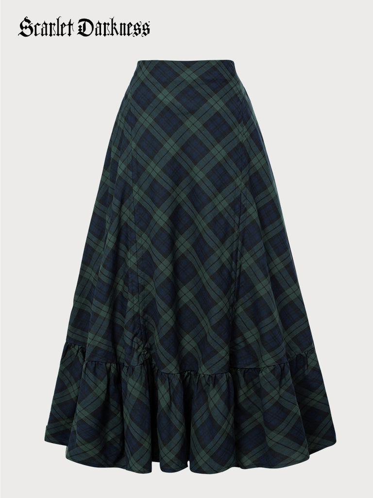 Women Cotton Plaid Skirt Length Adjustable Maxi Skirt SCARLET DARKNESS