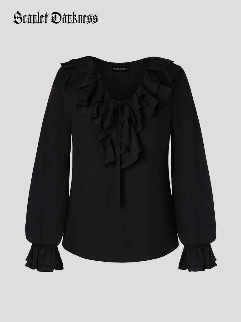 Scarlet Darkness Renaissance Ruffle Decorated Tops Pirate Shirts Black