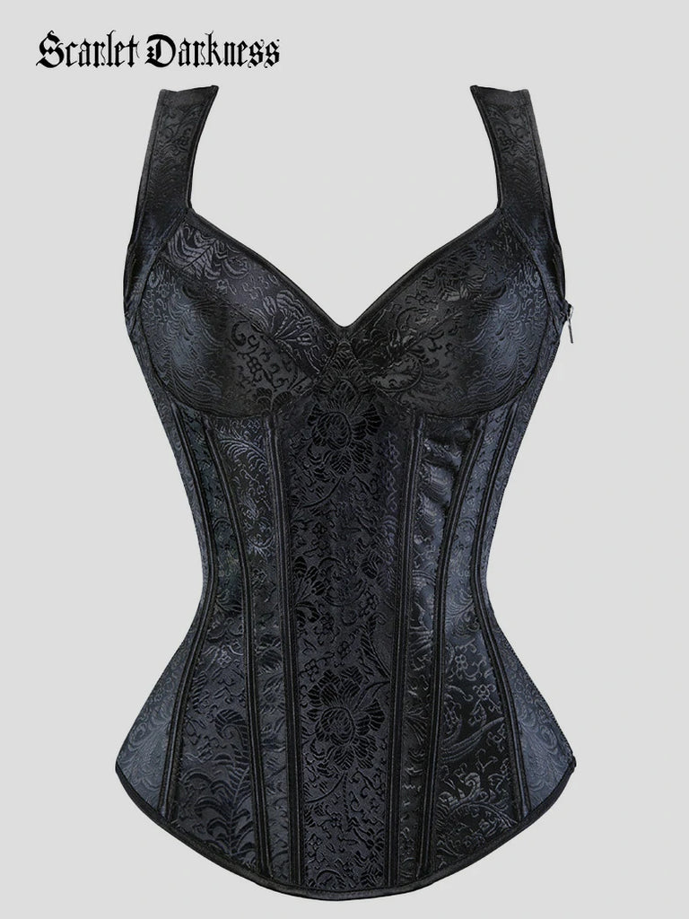Scarlet Darkness Victorian Vintage Jacquard Wide Strap Witch Corset Black