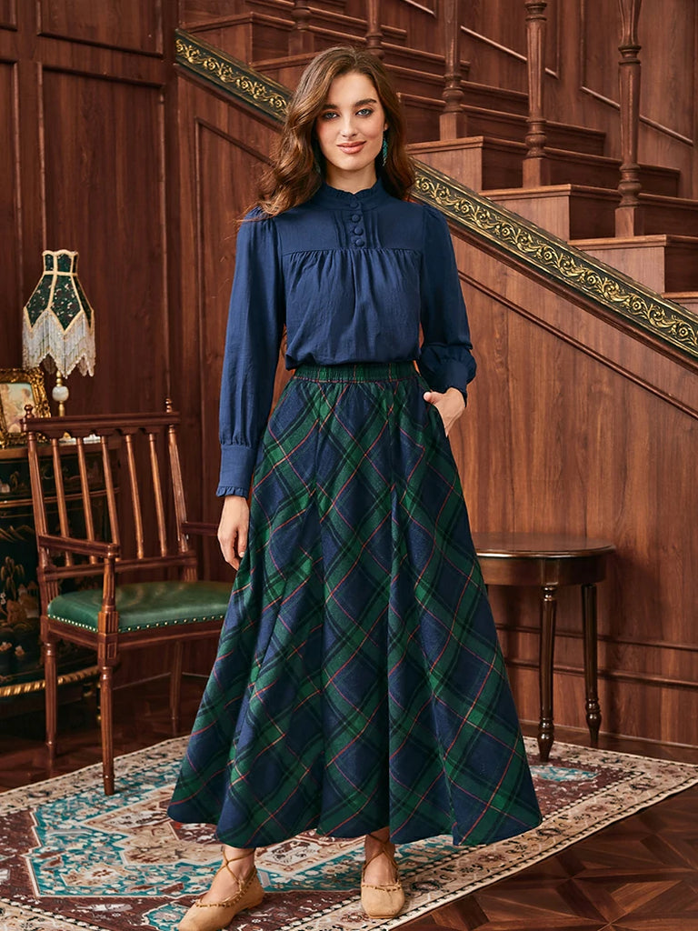 Scarlet Darkness 2025 Renaissance Cotton Plaid Swing Skirt with Pockets