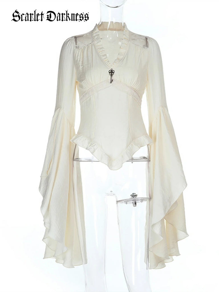 Scarlet Darkness Women Victorian Gothic Pirate Flare Sleeve Shirt Apricot