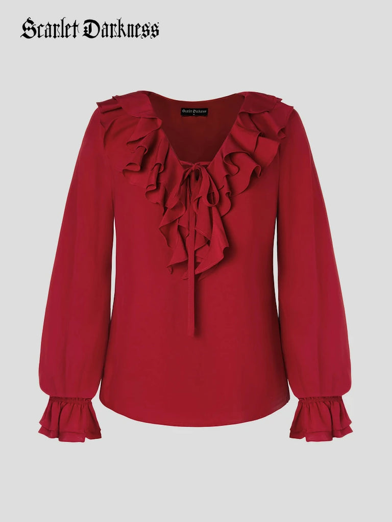 Scarlet Darkness Renaissance Ruffle Decorated Tops Pirate Shirts Red