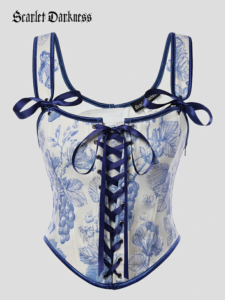 SCARLET DARKNESS Corset Renaissance Crop Top Vintage à Lacets Floral Rétro Bustier Femme