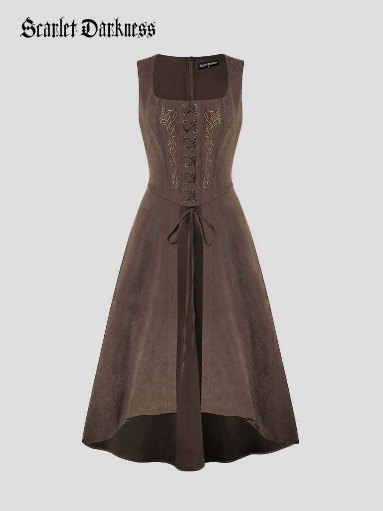 Scarlet Darkness Exquisite Renaissance Pocket Overdress with Front Slit Brown