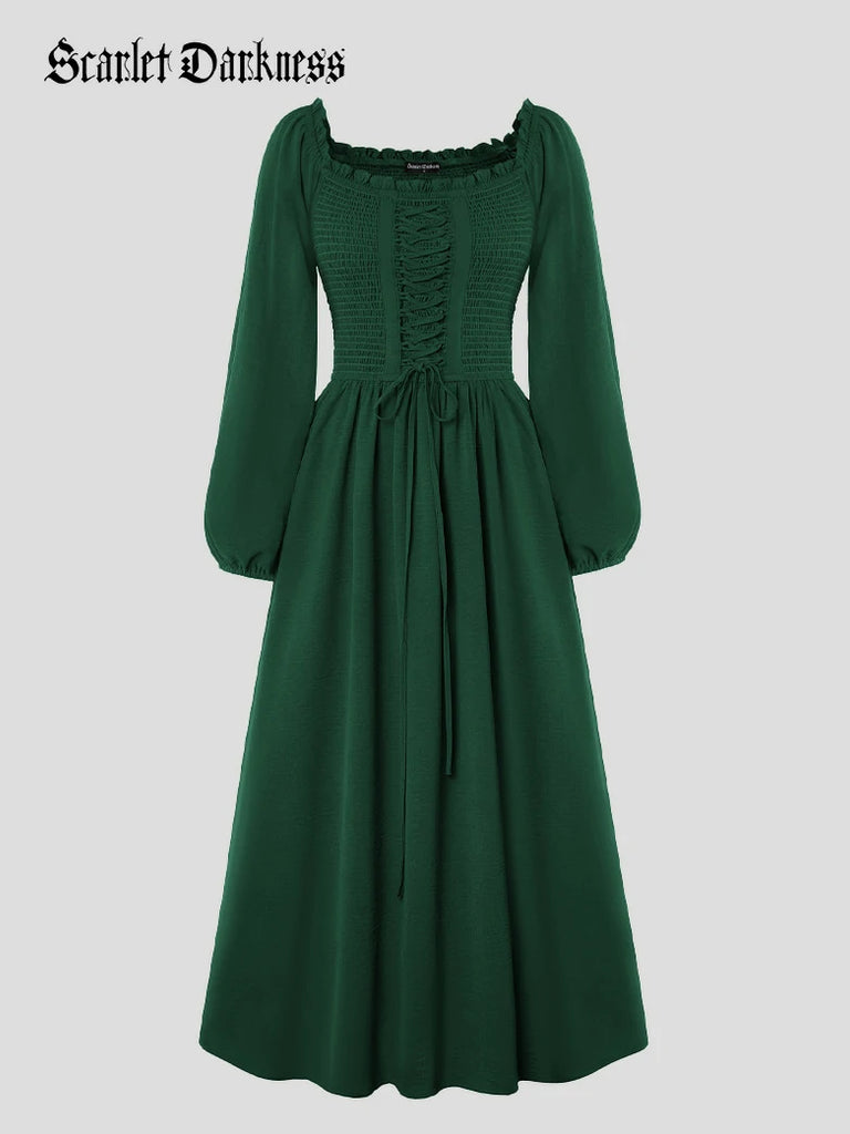 Scarlet Darkness Renaissance Elastic Waist Cross Straps Pockets Dress Dark green