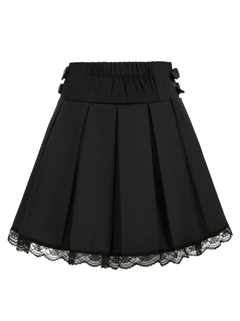 Lace Hem Elastic High Waist Buckle Decorated Skirt SCARLET DARKNESS