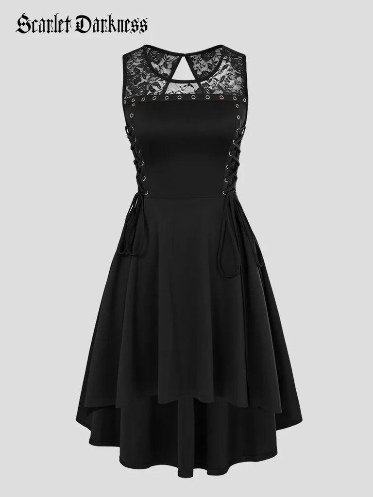 Women Gothic Lace Patchwork Eyelet Lace up High-Lo Dress SCARLET DARKNESS