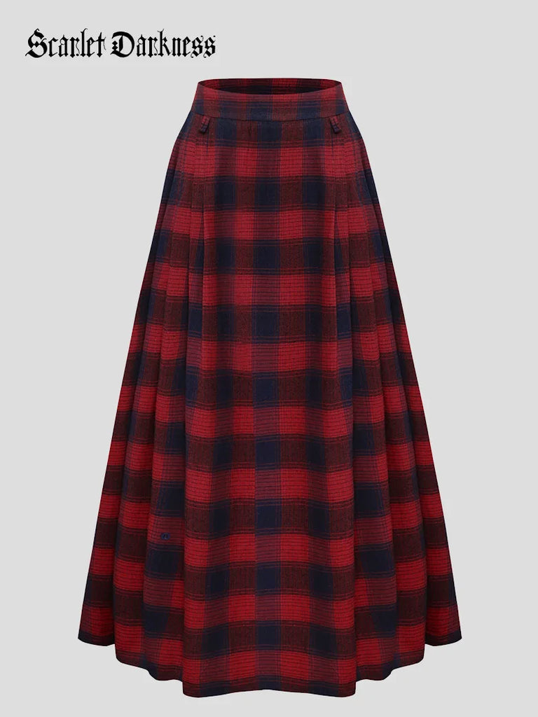 Women Plaided Skirt Buckle up Flared A-Line Swing Skirt SCARLET DARKNESS