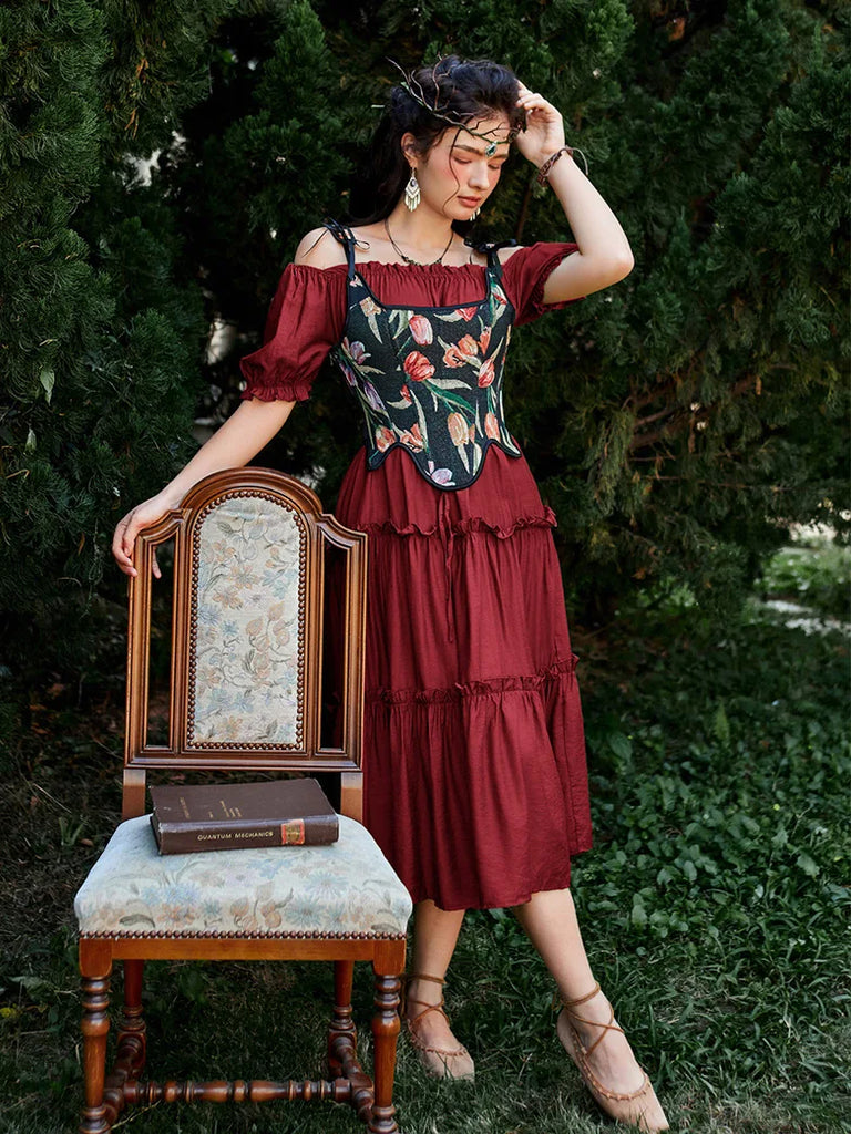 Women Victorian Tiered Dress Square Neck Pleated Midi Dress SCARLET DARKNESS