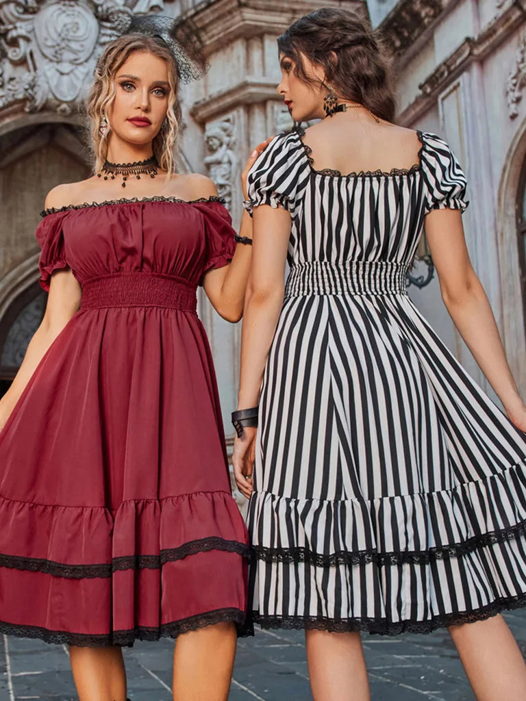 Steampunk Striped Elastic Waist Tiered Dress with Pocket SCARLET DARKNESS