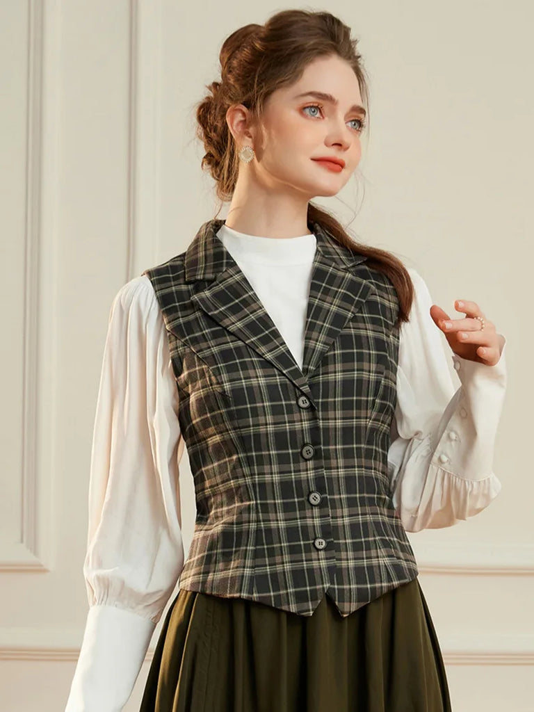 Women Renaissance Lapel Handkerchief Hem Plaid Vest SCARLET DARKNESS