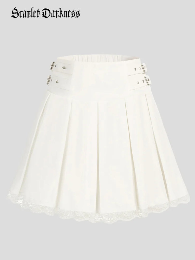 Lace Hem Elastic High Waist Buckle Decorated Skirt SCARLET DARKNESS