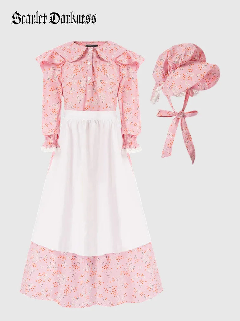 Girls Pioneer Colonial Costume Dress+Apron+Bonnet Scarlet Darkness