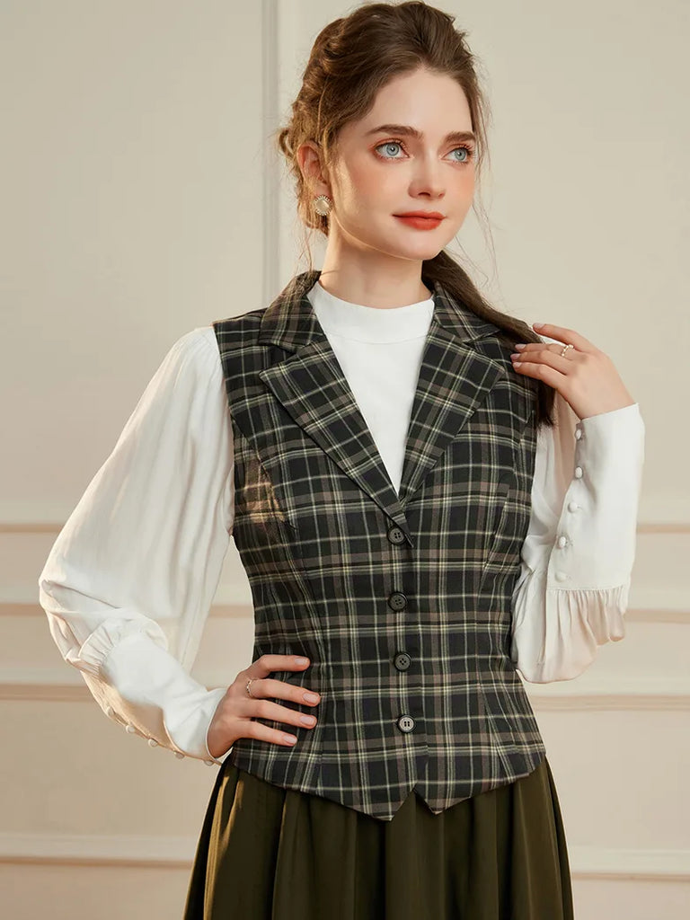 Women Renaissance Lapel Handkerchief Hem Plaid Vest SCARLET DARKNESS