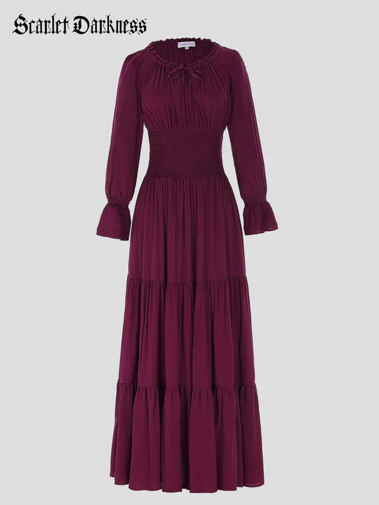 Retro Vintage Comfortable Rayon Lacing Maxi Dress Scarlet Darkness