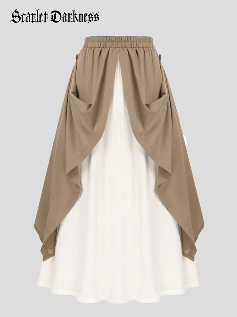 Women Renaissance 2-Layer Skirt Elastic Waist Maxi Skirt Scarlet Darkness