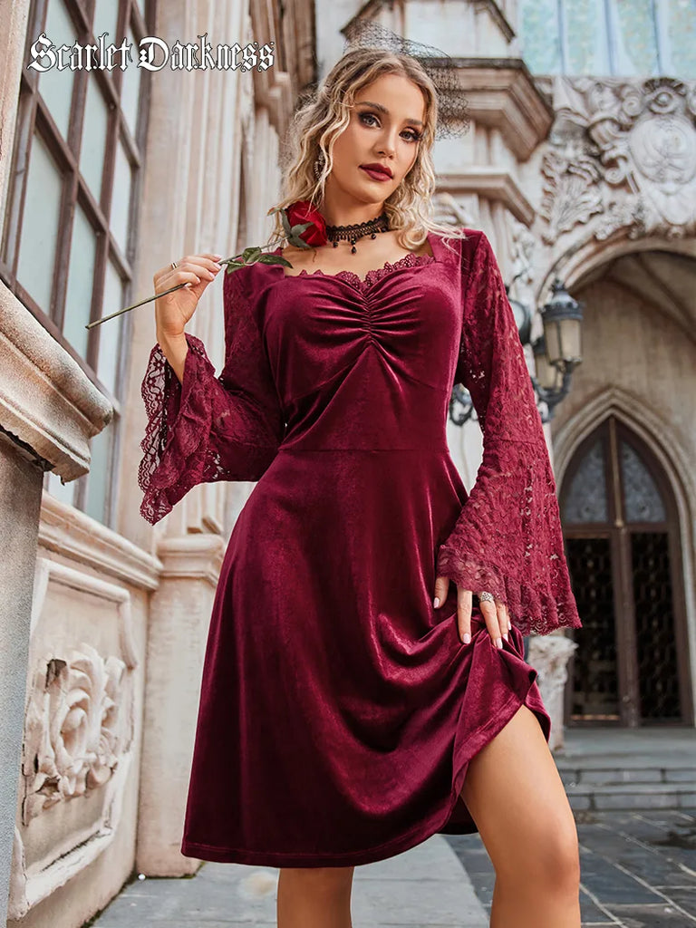 V-Neck Velvet Long Lace Sleeve Flared A-Line Dress Scarlet Darkness