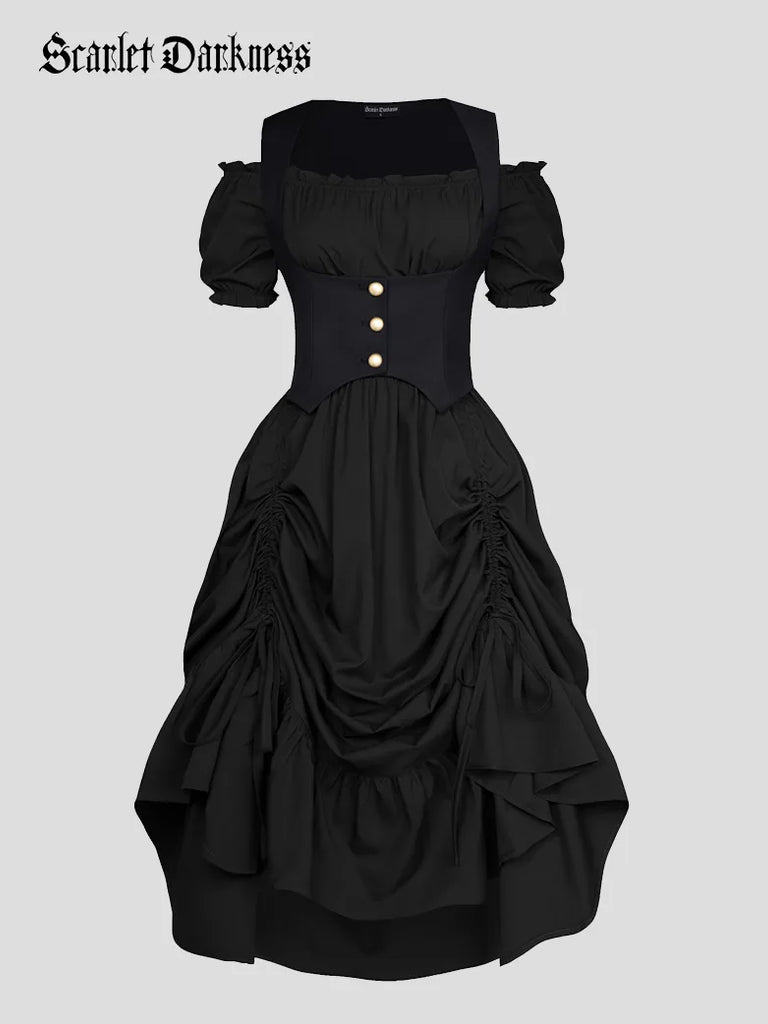 Steampunk Costume Off Shoulder Dress+Under-Bust Vest SCARLET DARKNESS