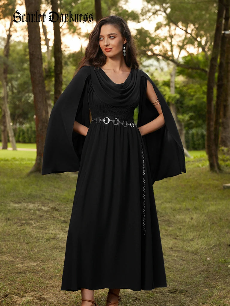 Scarlet Darkness Renaissance Fairy Slit Sleeve Draped Neck Pockets Dress