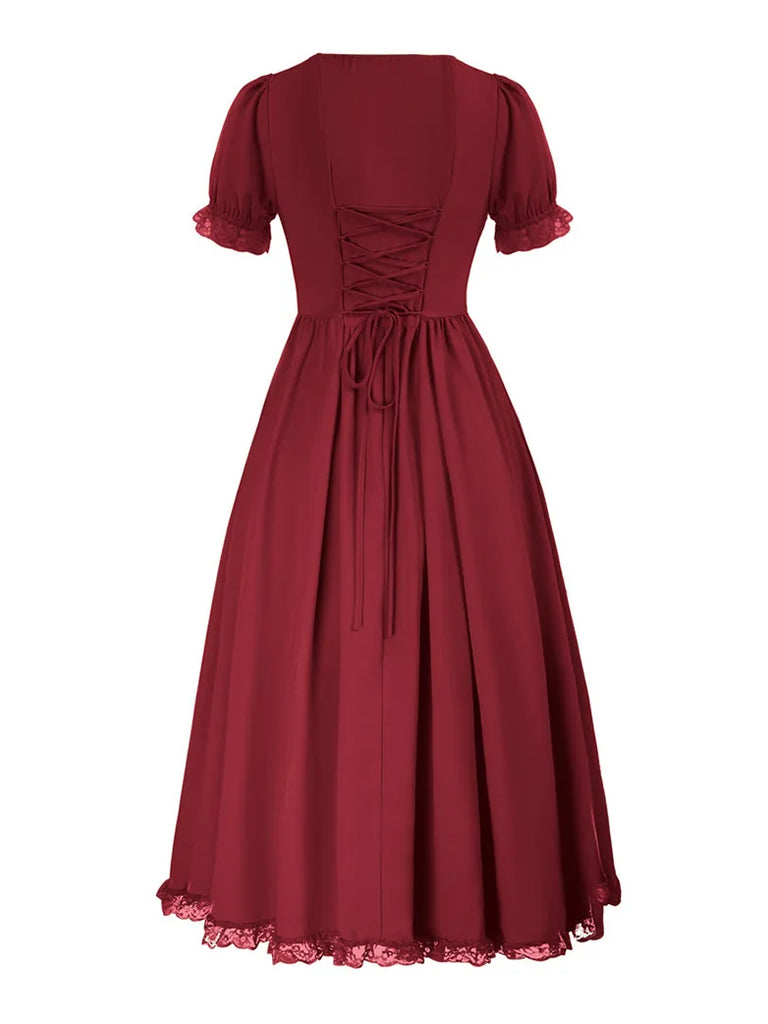 Lace Trim Drawstring Dress Square Neck A-Line Dress SCARLET DARKNESS