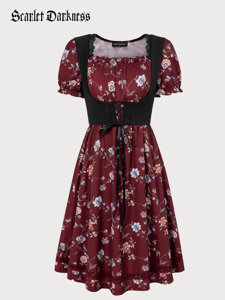 Square Neck Floral Short Sleeve V-Back Girdle A-Line Dress SCARLET DARKNESS