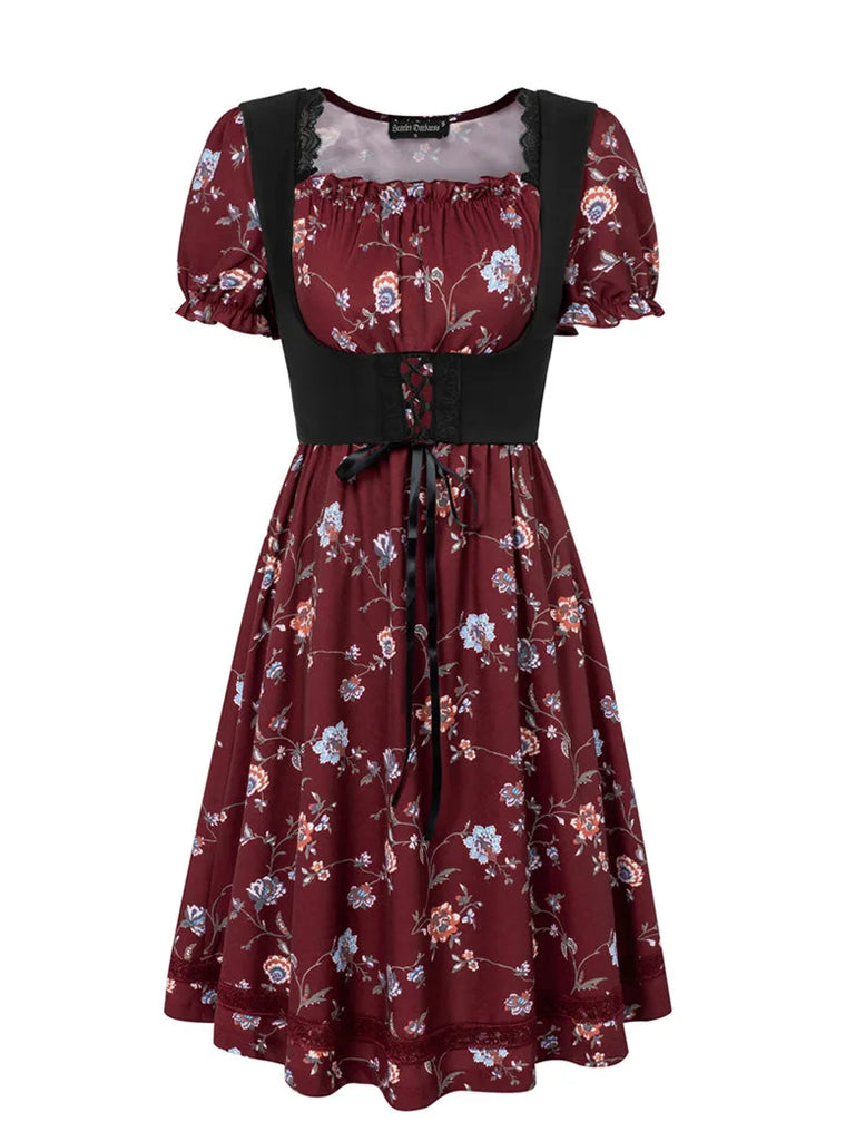Square Neck Floral Short Sleeve V-Back Girdle A-Line Dress Scarlet Darkness