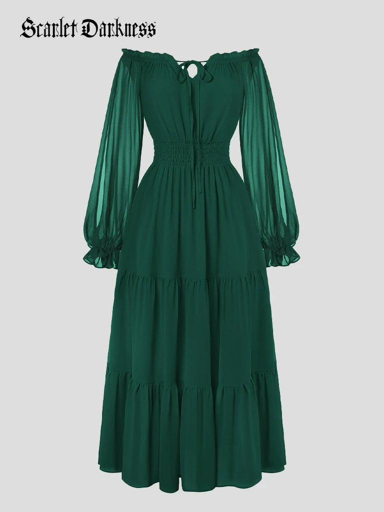 Scarlet Darkness Renaissance Chiffon Sleeve Elastic Waist Pocket Dress Green
