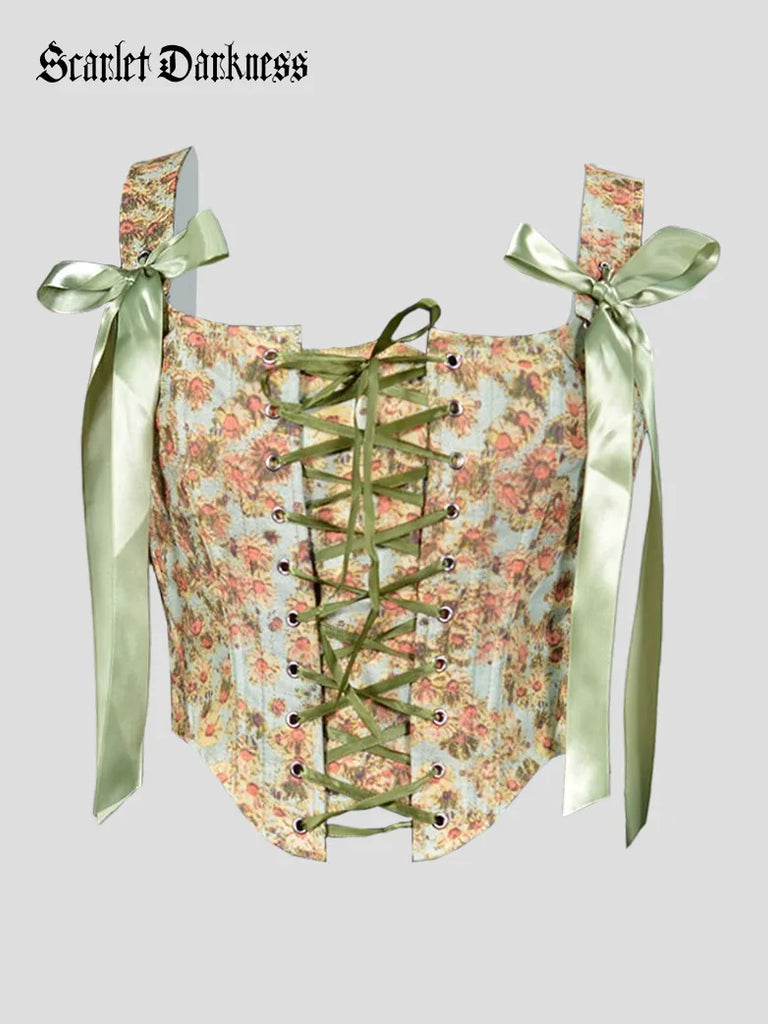 Women Victorian Floral Cottagecore Strappy Corsets SCARLET DARKNESS