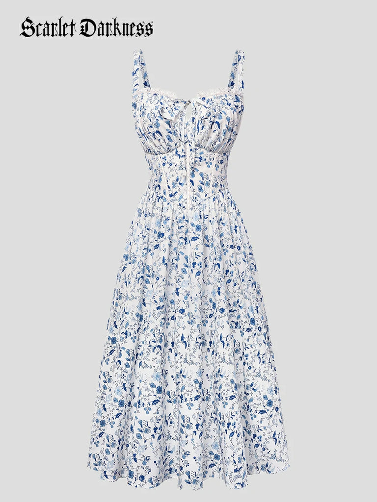 Scarlet Darkness Spring Victorian Floral Pockets Corset Milkmaid Dress Blue