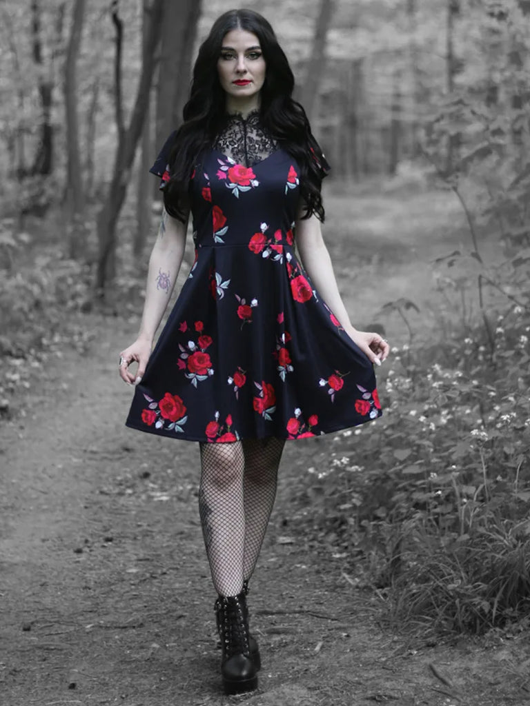 Skeleton Hand Lace Patchwork Flared A-Line Dress Scarlet Darkness