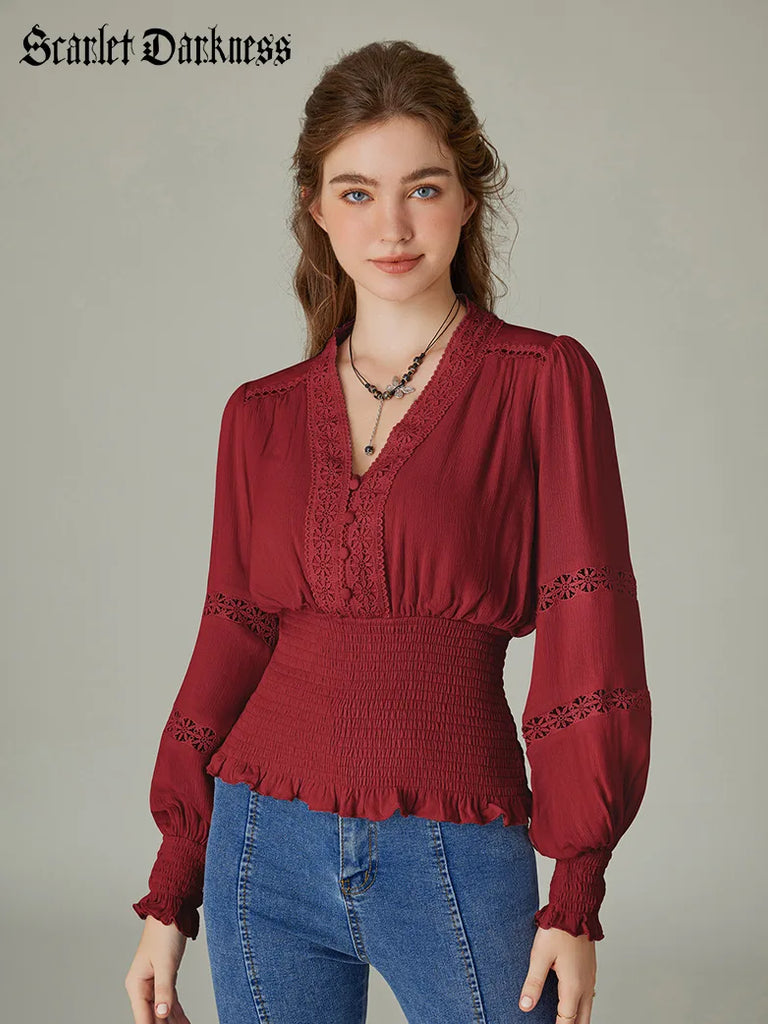 Hollow out Smocked Waist V-Neck Cotton Pullover Tops SCARLET DARKNESS