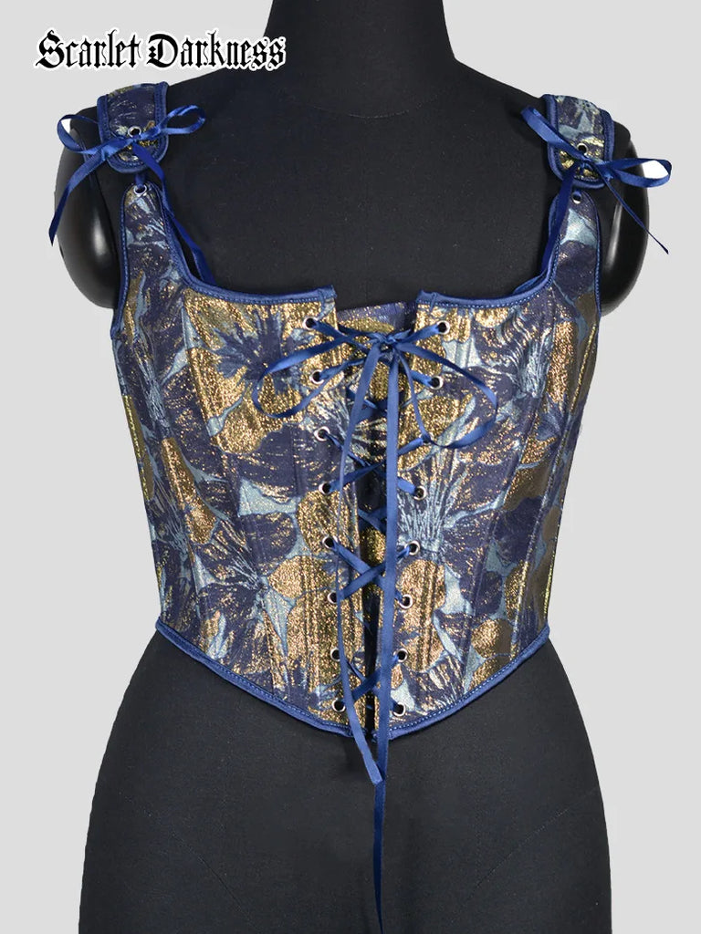 Victorian Fashion Royal Blue Bronzing Jacquard Lace-up Corset SCARLET DARKNESS