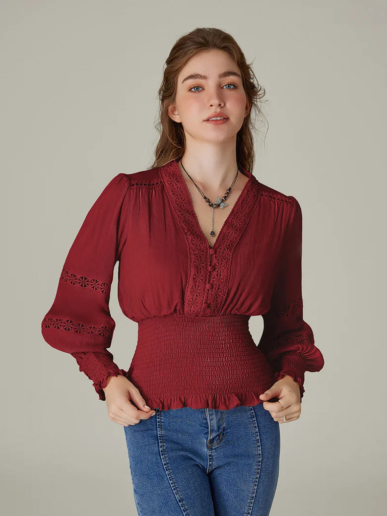 Hollow out Smocked Waist V-Neck Cotton Pullover Tops SCARLET DARKNESS