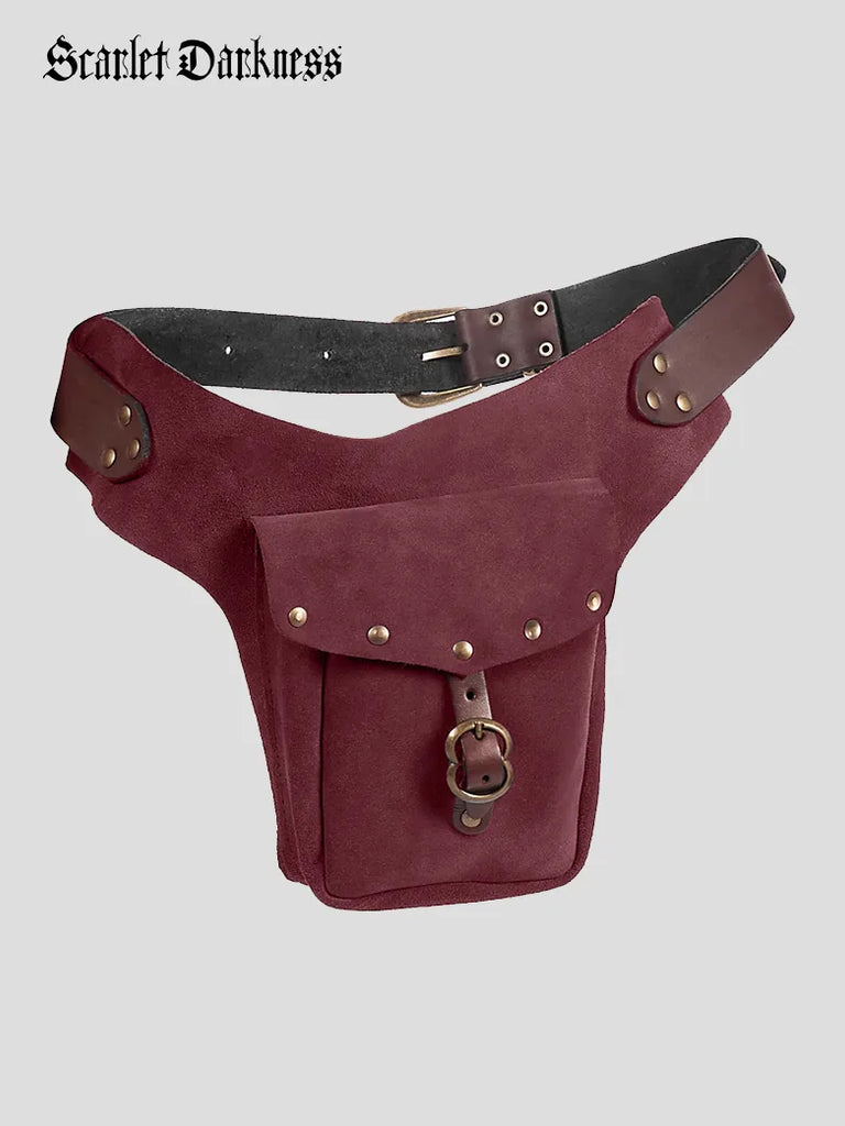 Medieval Vikings Functional Studded Suede Waist Bag SCARLET DARKNESS