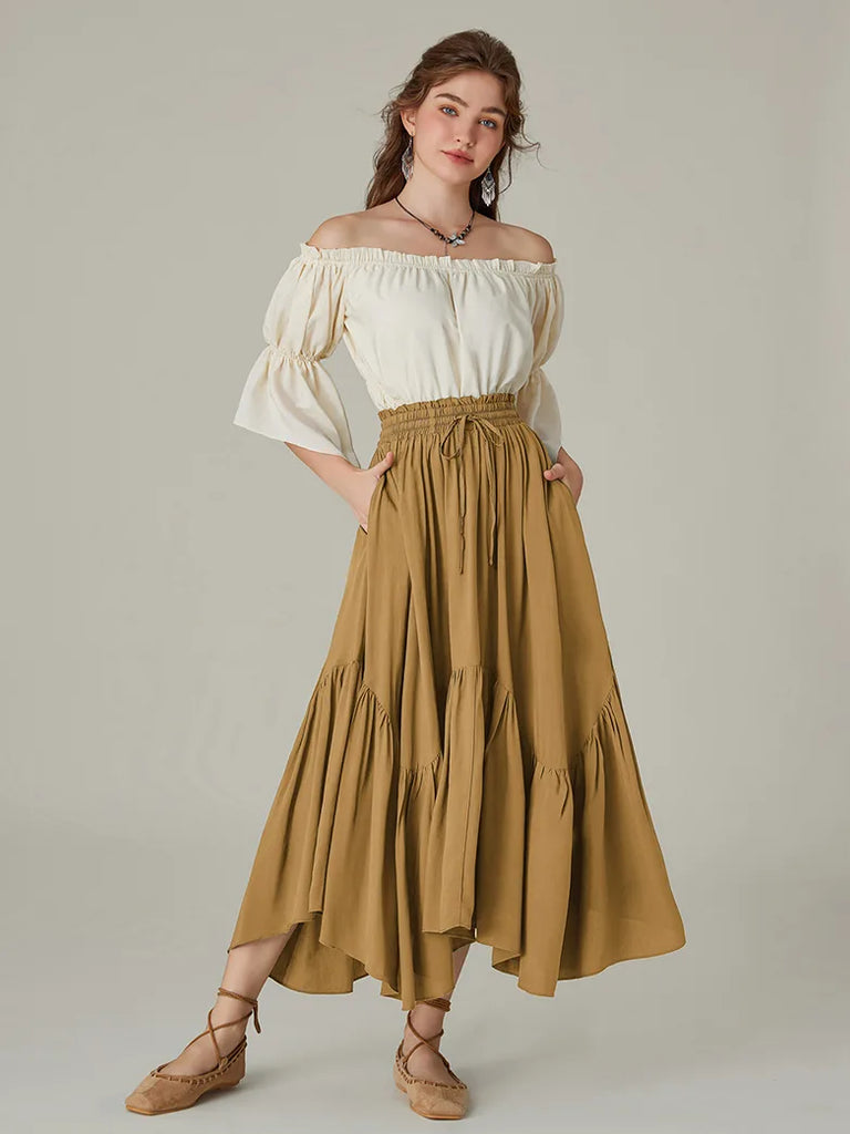 Women Elastic Waist Irregular Hem Flared Swing Skirt SCARLET DARKNESS