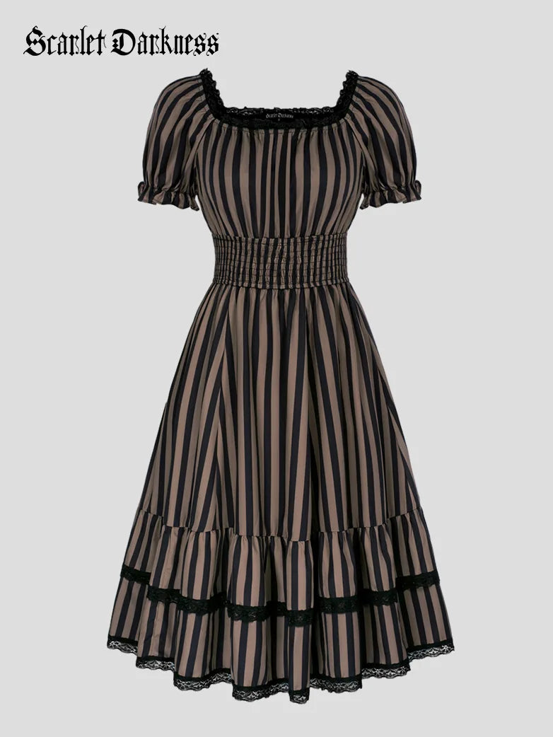 Women Steampunk Dress Elastic Waist Tiered Dress with Pocket