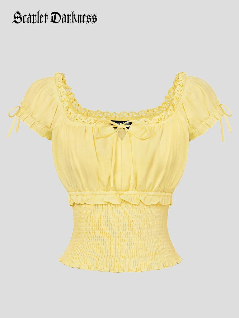Scarlet Darkness 100% Cotton Renaissance Smocked Waist Tops Yellow