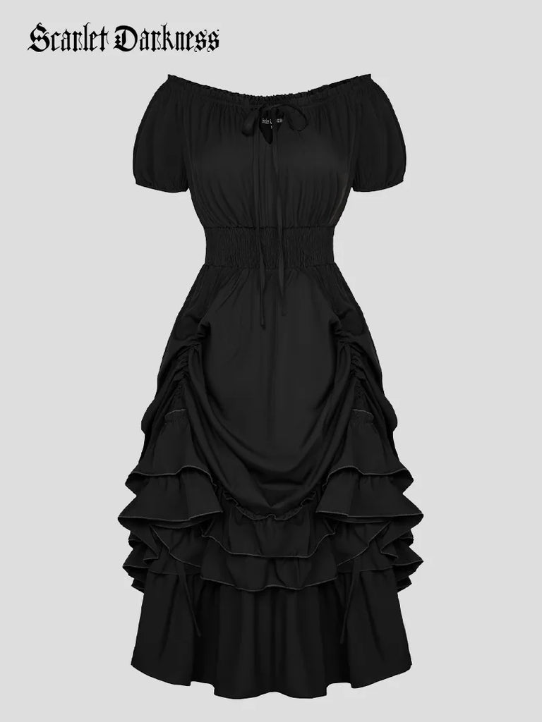 Women Steampunk Off Shoulder High Lo Midi Dress SCARLET DARKNESS