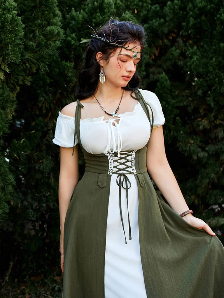 Women Renaissance Vest Dress Lace-up Cover-up Dress with Pocket SCARLET DARKNESS