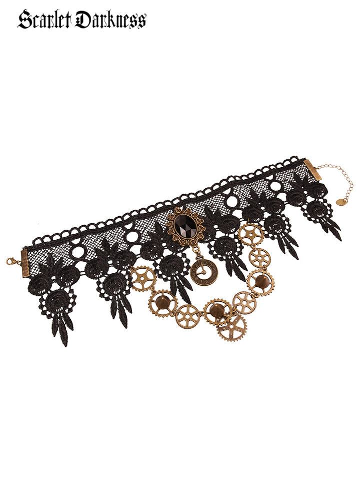 Scarlet Darkness Lace Meets Metal Hollow Gear Steampunk Skull Lace Chocker